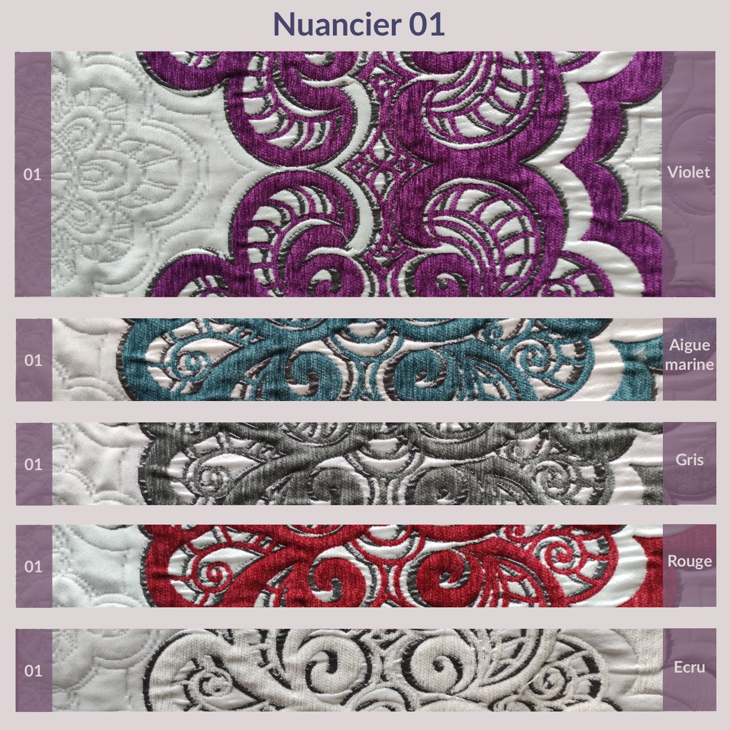 Nuancier de tissus d’ameublement revalorisés pour housse réversible – planche 1